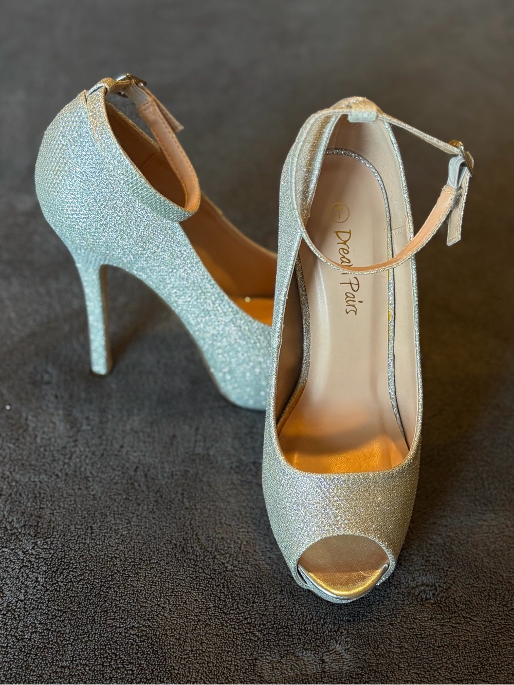Dream Pairs Sparkling Peep-Toe Ankle Strap Heels in Shimmery Silver